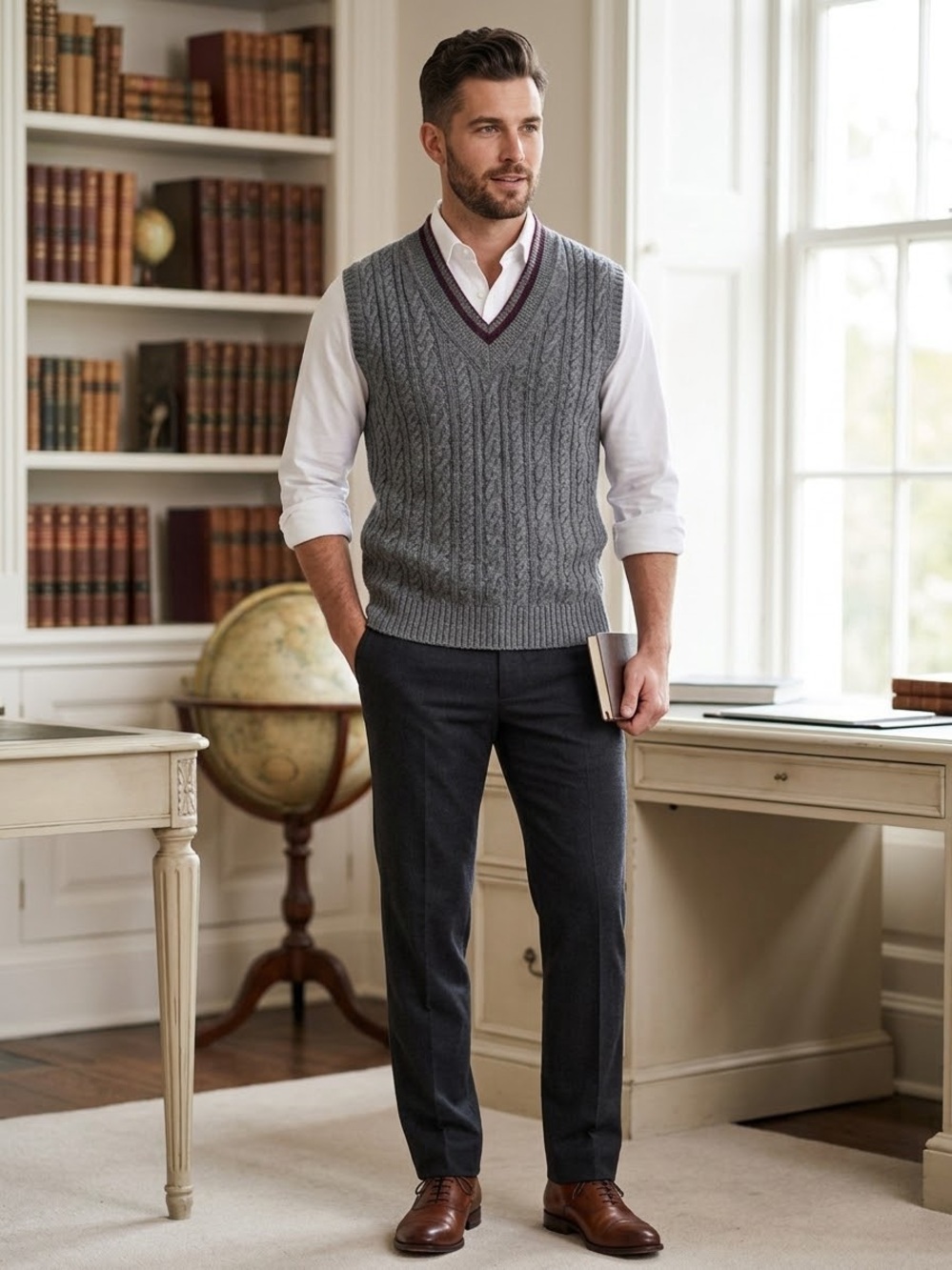 Men's Gray Cable-Knit V-Neck Sweater Vest